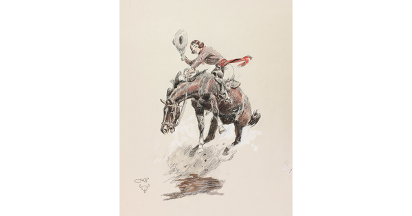A watercolor of a White woman holding a cowboy hat riding a bucking horse.