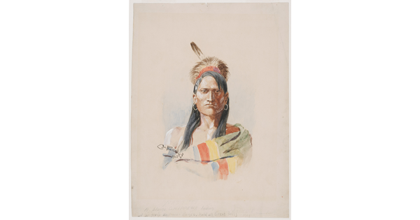 A watercolor portrait of an American Indian man with feathers in his dark hair and a colorful cloth draped over one shoulder and across his chest.