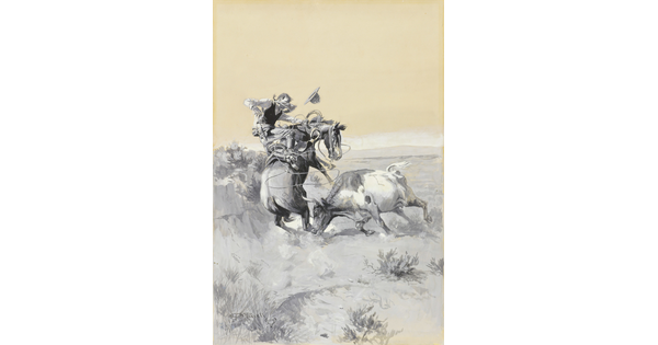 A watercolor painting of a cowboy about to be thrown from his rearing horse as a longhorn cow charges.