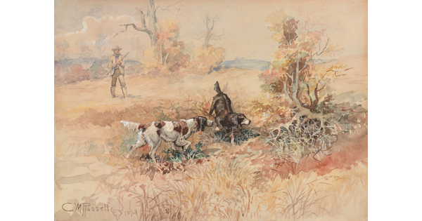 A watercolor of two sporting dogs pointing to some brush in a field while a hunter stands back holding his rifle.