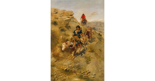 An oil painting of Indigenous women on horseback hauling dead antelope down a hill.