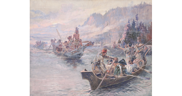 A watercolor of  American Indians and explorers in wood canoes meeting on a calm river.