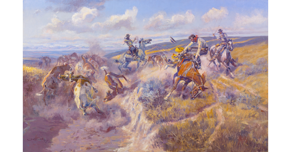 An oil painting of cowboys on horseback roping a group of cattle.