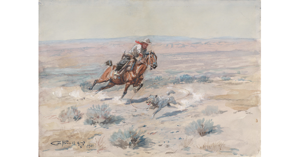 A watercolor of a cowboy riding a horse while roping a wolf.