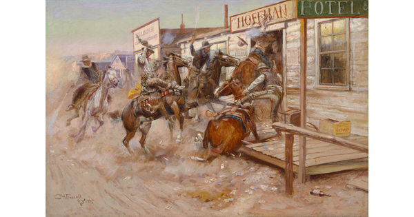 An oil painting of cowboys on horseback firing guns as they bust into a hotel; playing cards, liquor bottles, and dust scatter the dirt road.