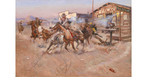 An oil painting of a group of cowboys on horseback shooting at a man at the door of a log building called "The Palace."