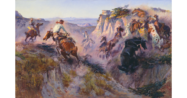 An oil painting of cowboys on horseback trying to rope a herd of horses running up a steep, rocky cliff.