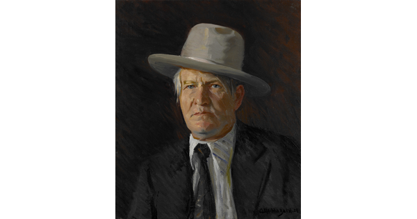 An oil painting portrait of a White man in a cowboy hat, black jacket, white shirt, and black tie.