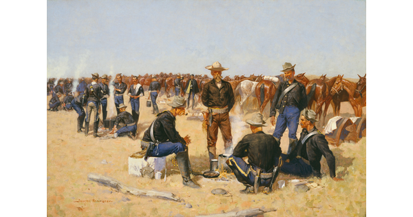 An oil painting of a group of White soldiers around cooking fires with their horses in the background.