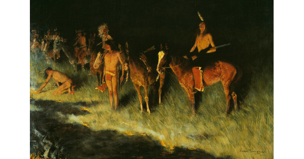 An oil painting of Native Americans on horseback near a grass fire at night.