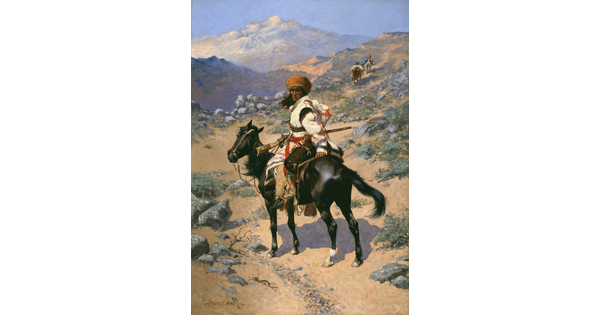 An oil painting of an Indigenous person on horseback dressed in warm clothing holding a rifle in his lap and looking over his shoulder at the viewer.