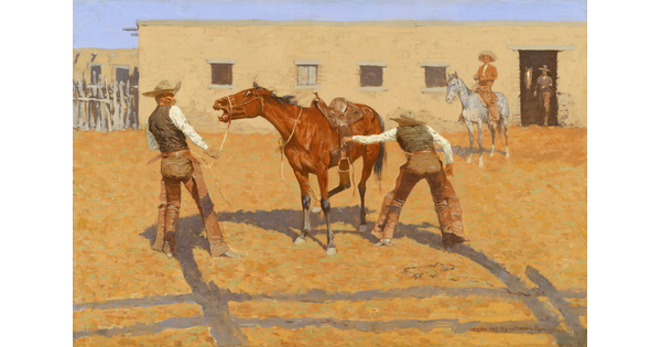 A oil painting of two cowboys approaching a frightened horse in a corral as two others watch from the background.