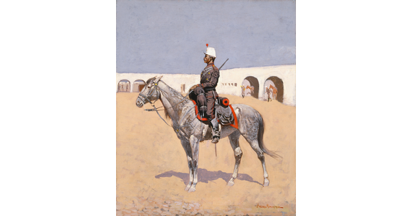 An oil painting of a uniformed soldier sitting on a gray horse.