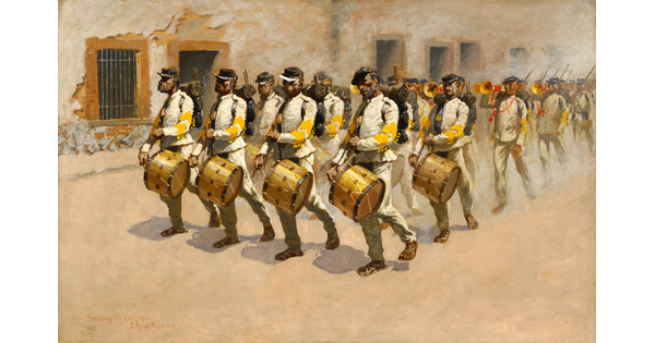 A painting of lines of men in military uniforms marching down a dirt street beating drums, playing trumpets, and holding rifles.