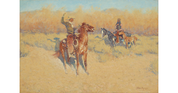 An oil painting of a cowboy and an Indigenous man on horseback gesturing toward each other in a field of yellowed grass.