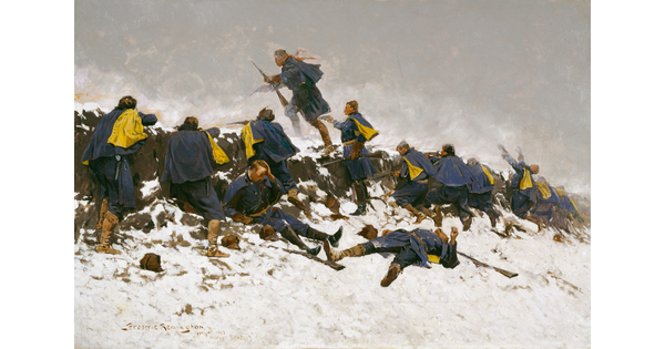 An oil painting of a group of soldiers in navy and yellow uniforms with rifles crouching below a snow-covered, rocky outcrop.