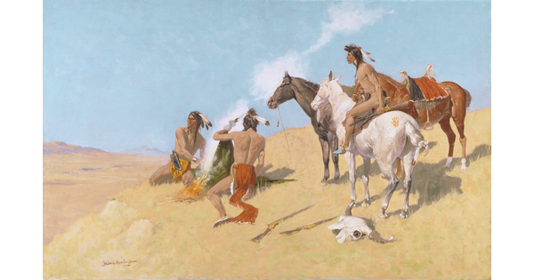 An oil painting of two Indigenous men sending smoke signals on the ground as another Indigenous man on horseback looks into the distance.
