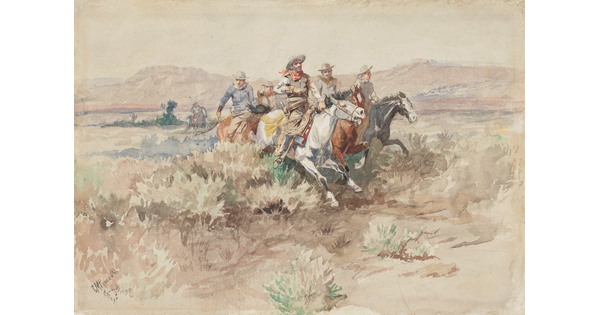 A watercolor of cowboys on horseback riding through clumps of grass on an open plain.