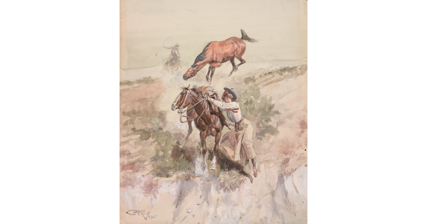 A watercolor painting of a White woman holding on to her horse to avoid falling off of a ledge as a cowboy rides toward a wild horse behind her.