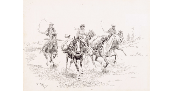A black and white drawing of a group of people riding horses and using whips to move two additional horses that are carrying bags.