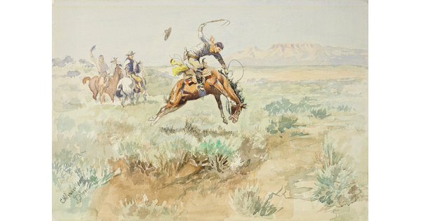 A watercolor of a cowboy hanging on to a bucking horse as other cowboys watch.