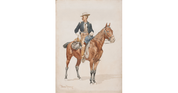 A watercolor portrait of a man in a military uniform on a chestnut colored horse.