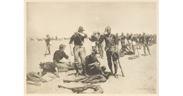 A black-and-white print of weary soldiers, many with rifles, standing, sitting, and lying in a field.