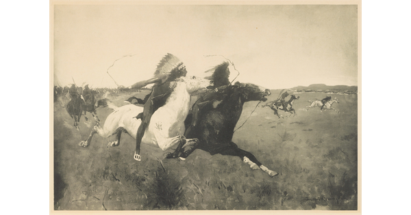 A black-and-white print of two Native Americans in traditional dress on running horses with other Native Americans on horses in the background.