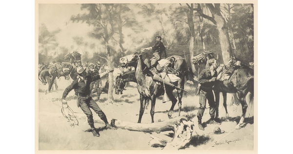 A black-and-white print of soldiers, some on horseback and others standing and pulling on their horses' reins, in a wooded field.