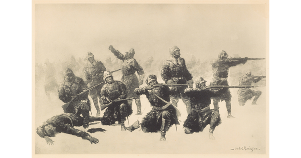 A black-and-white print of soldiers wearing helmets and long coats standing and kneeling in a snowy field firing their rifles.