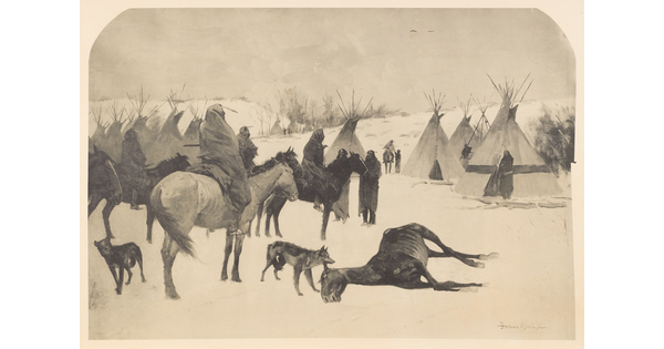 A black-and-white print of riders and their horses in snowy field of tipis; in the foreground, a dog sniffs a horse lying in the snow.