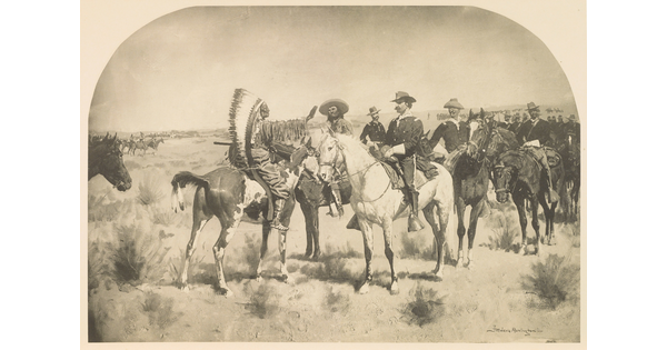 A black-and-white print of a mounted Indigenous man wearing a feathered headdress meeting with White men in military uniforms on horseback.