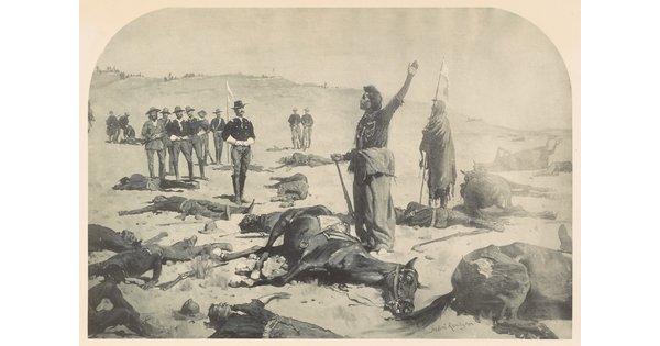A black-and-white print of an Indigenous figure standing, with arm raised, surrounded by dead horses and men as uniformed White men stand nearby.