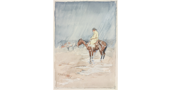A watercolor of a White cowboy on horseback in the pouring rain with cattle in this distance.