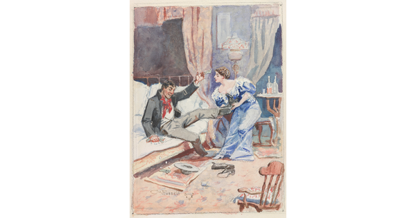 A watercolor of a White man sitting on the edge of a bed offering money to a White woman who is removing one of his boots.