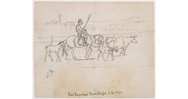 A simple black-and-white drawing of a man smoking a pipe and holding a pitchfork as he rides a horse next to a cow, a calf, and a pony along a barbed wire fence.