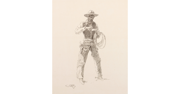 A black-and-white drawing of a standing cowboy, a rope looped around one arm, as he rolls a cigarette.