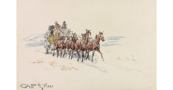 A watercolor painting of a stagecoach pulled by a team of horses.