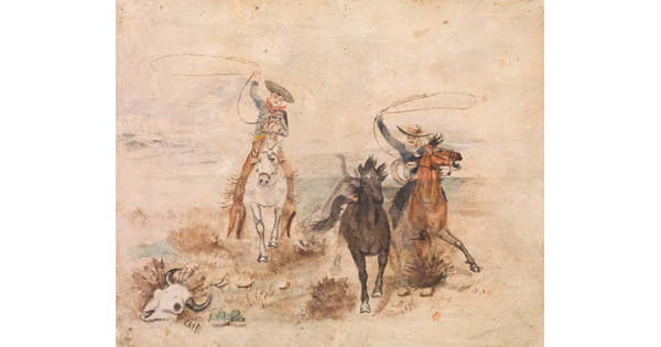A watercolor painting of two cowboys on galloping horses trying to rope another horse.