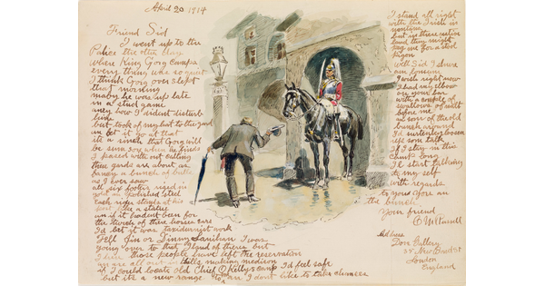 An ink and watercolor drawing of man in civilian dress bowing in front of a soldier on horseback surrounded by a hand-written letter.