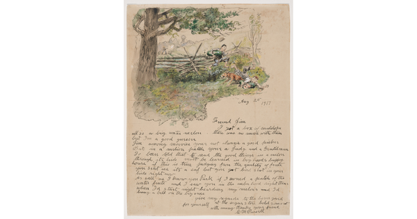 Above a letter addressed to "Friend Jim," a color drawing of two boys, each holding a watermelon, and a dog jumping over a fence away from a man pointing a rifle at them.