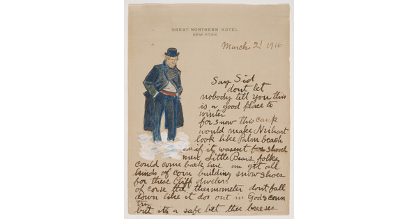 A watercolor of an older White man wearing a bowler hat and a long blue suit jacket surrounded by handwritten text.