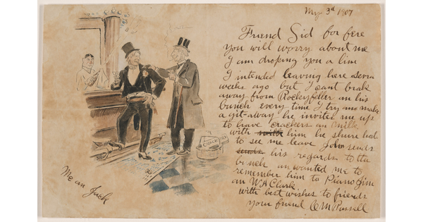 A handwritten letter next to a watercolor sketch of two White men, both in top hats and jackets, standing at a bar drinking.
