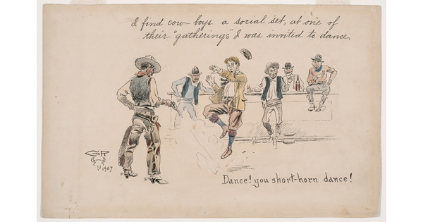 A watercolor drawing of a White cowboy dancing in a saloon as another cowboy shoots at his feet, and several others watch from the bar.