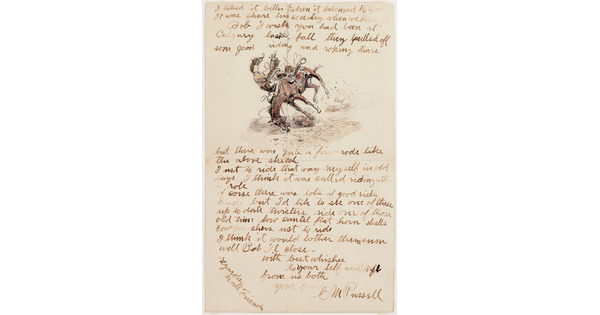 A handwritten letter with a watercolor drawing of a cowboy being thrown head-over-heels off a bucking horse.
