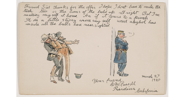 A watercolor and ink drawing of a man in a gray suit mugging a man in a yellow suit as a police officer looks the other way; handwritten text surrounds the drawing.