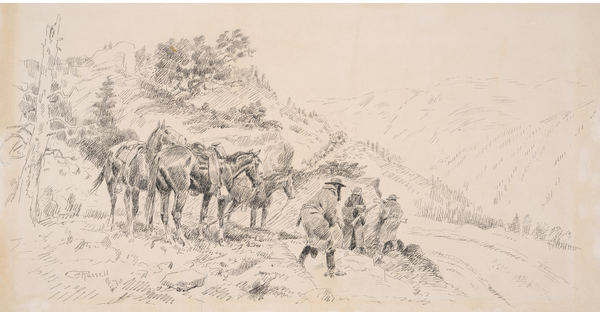A black-and-white drawing of three saddled horses and three figures wearing coats and cowboy hats standing on a hillside.