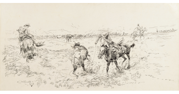A black-and-white drawing of two cowboys on horseback roping a steer on a plain.