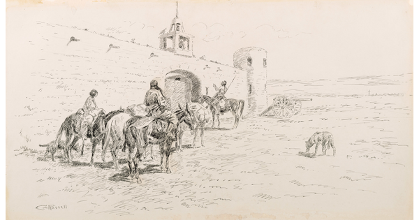 A black-and-white drawing of a group of people leading their horses along the outside of a fort wall.