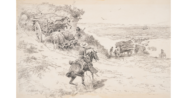 A black-and-white drawing of a cowboy directing ox-pulled carts carrying cowhides down a hill. 